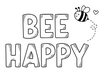 bee happy text with smiling bee and heart trail