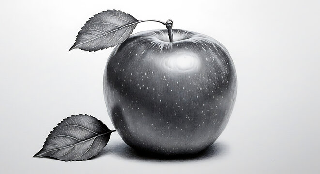 Highly detailed black and white pencil drawing of a realistic apple with attached leaf and subtle shading, capturing a lifelike, three-dimensional form with elegant composition
