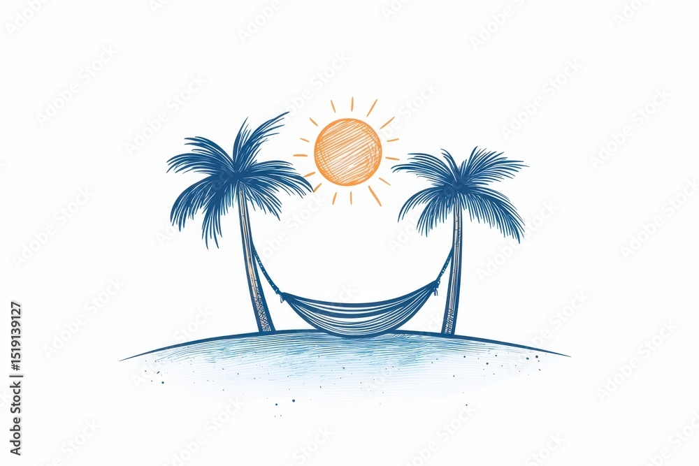 Poster relax hammock beach concept. hammock between palm trees with a sun in a serene tropical setting.