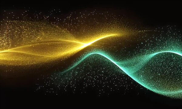 Abstract Particle Streams in Gold and Cyan Ethereal Motion Graphics Background on Black Backdrop with Elegant and Modern Design for Adobe Stock