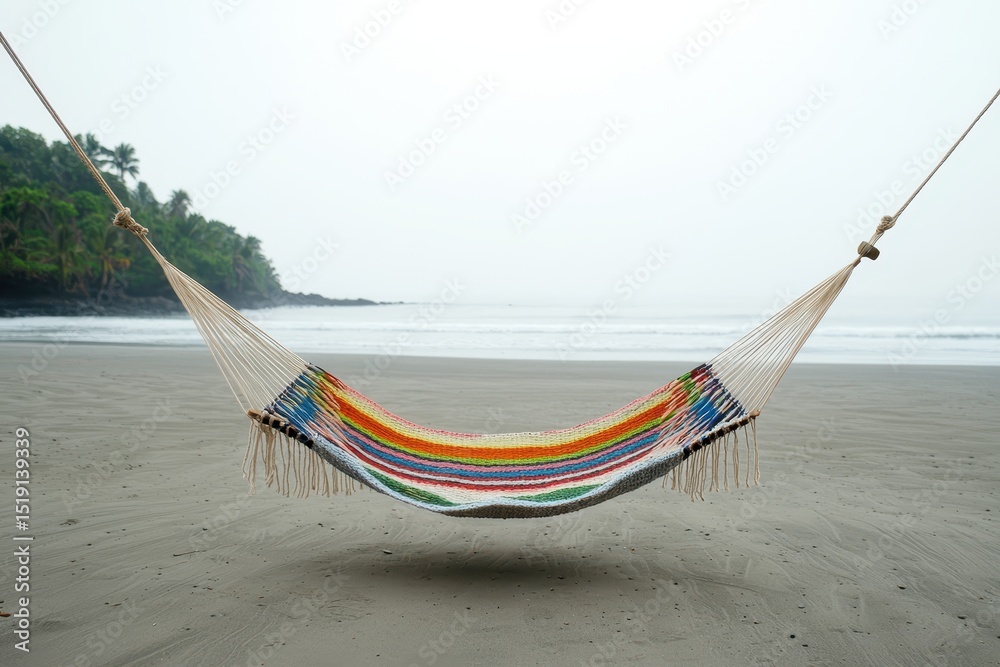 Poster relax hammock beach concept. a serene hammock hangs between trees on a tranquil beach shoreline.