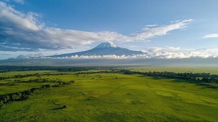 Aerial view of Kilimanjaro, with its snow-capped peak rising above the African savanna