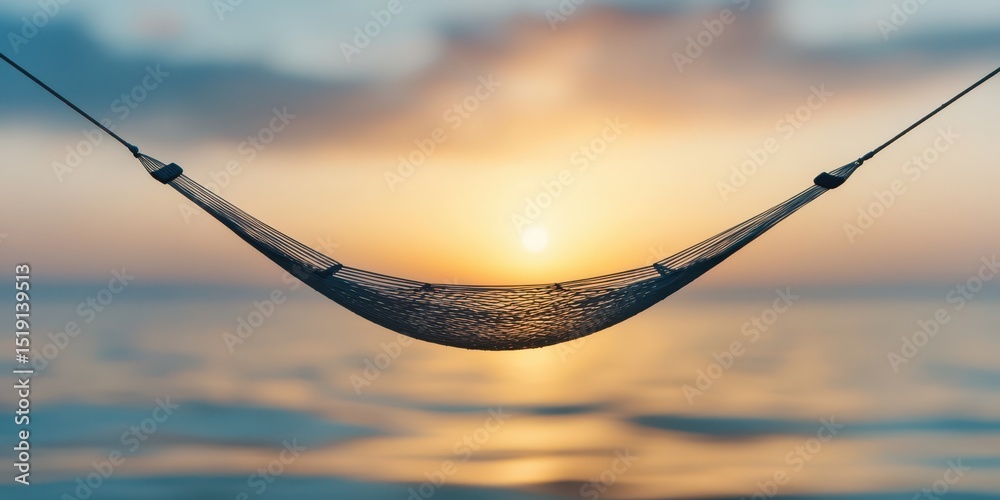 Poster relax hammock beach concept. a tranquil hammock swaying over calm waters at sunset, creating a seren