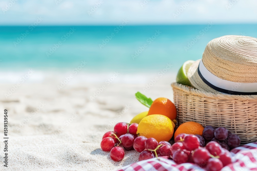Poster relax hammock beach concept. tropical fruits and a hat arranged on the beach with a scenic ocean vie