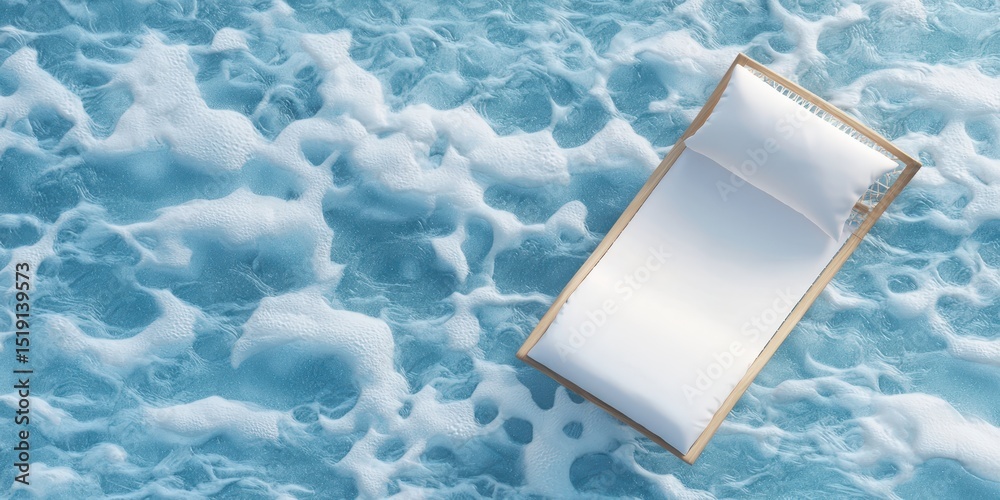 Poster relax hammock beach concept. floating lounge chair on turquoise ocean waves with foam patterns.