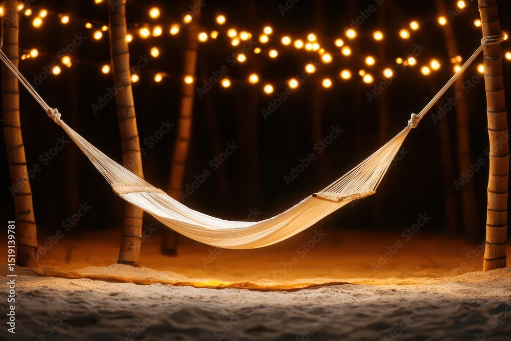 Poster relax hammock beach concept. Cozy hammock illuminated by string lights amidst trees at night.