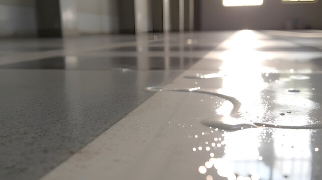 Wet cement with a glossy surface reflecting light in a bright environment
