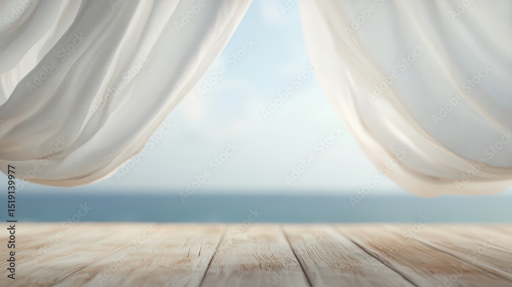 Aufkleber relax hammock beach concept. gentle curtains frame a serene view of the ocean beyond a wooden floor.