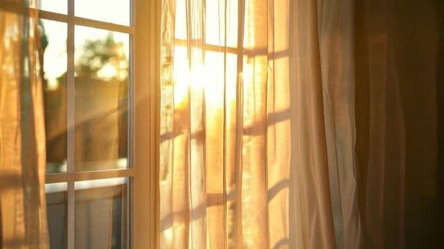 Sunlight streaming through a window with sheer curtains.