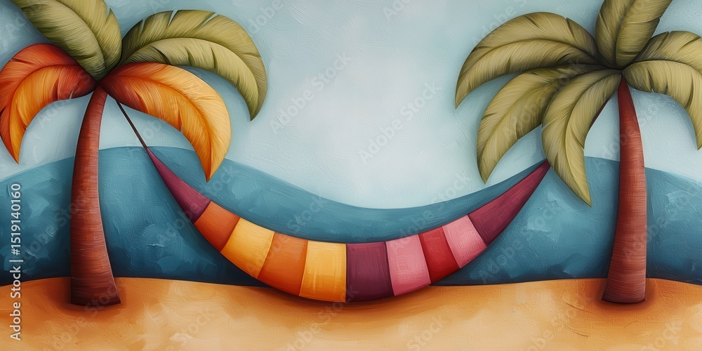 Poster relax hammock beach concept. vibrant illustration of a hammock between two palm trees by the sea.