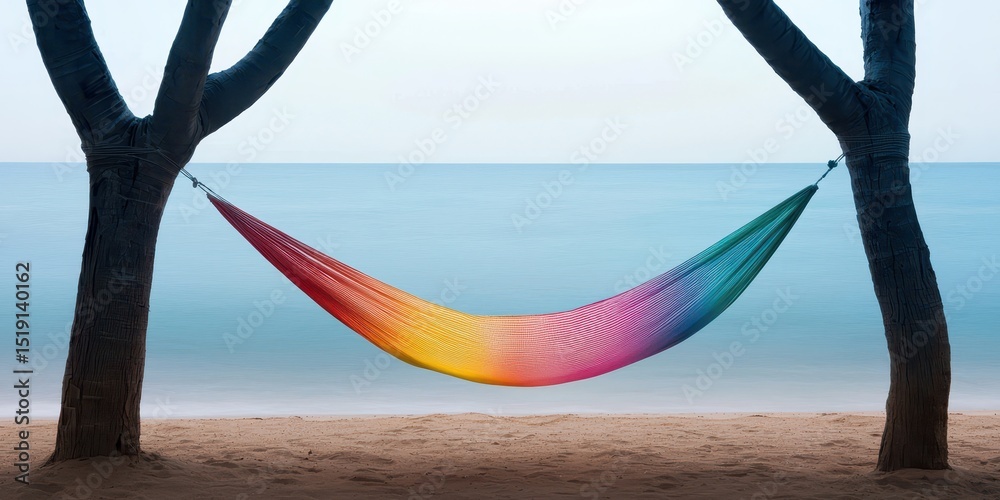 Poster relax hammock beach concept. A colorful hammock sways between two trees by a serene beach and calm ocean waters.