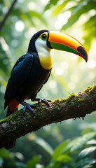 Obraz premium Vibrant Toucan Perched on Mossy Branch in Tropical Rainforest