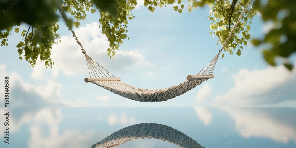 Poster relax hammock beach concept. a serene hammock suspended between trees reflects a peaceful sky and ca