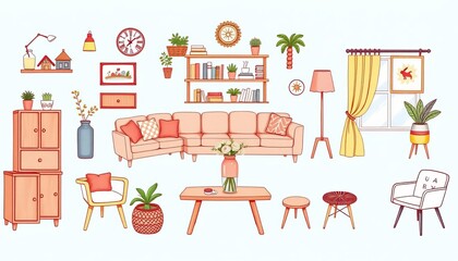 Fototapeta premium Hand-drawn furniture & home decor; charming, colorful vector illustrations Isolated elements for design, graphic, objects