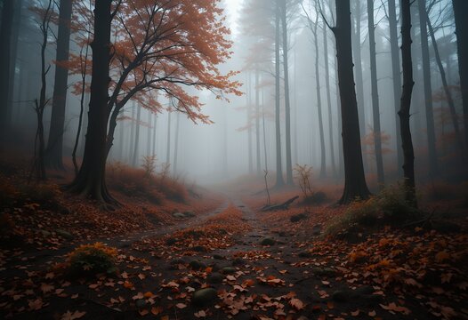 Misty autumn forest path surrounded by tall trees and fallen leaves creating mysterious atmosphere