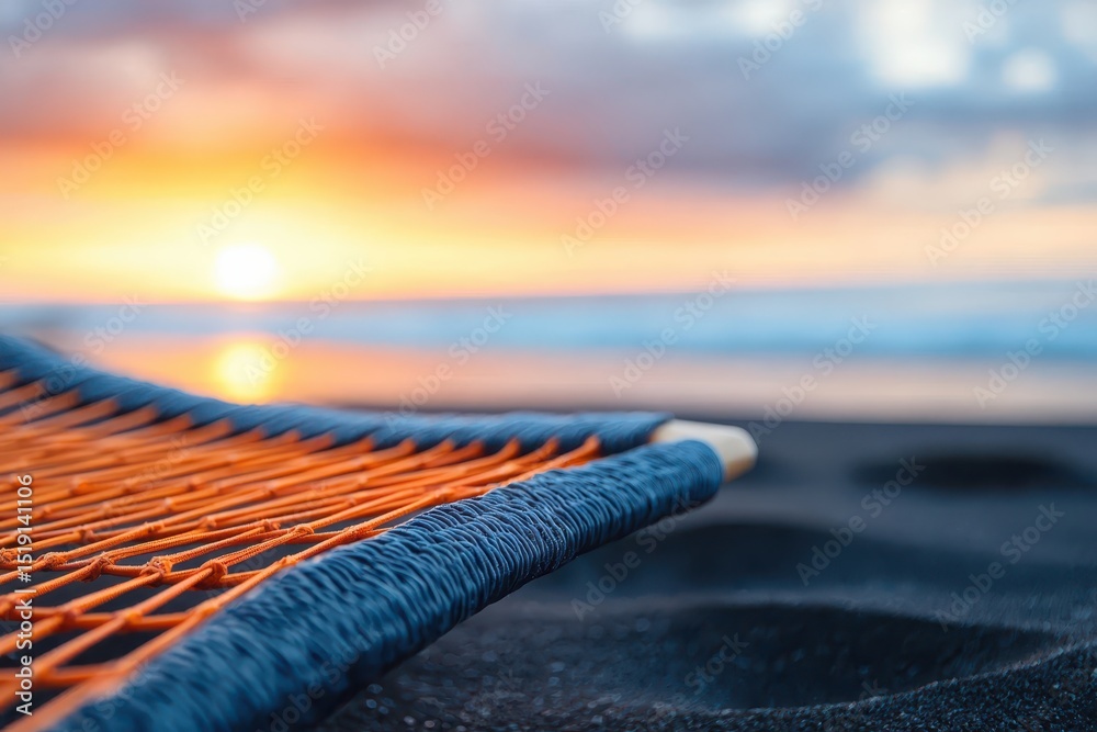 Poster relax hammock beach concept. a hammock on the beach at sunset with a tranquil ocean view.