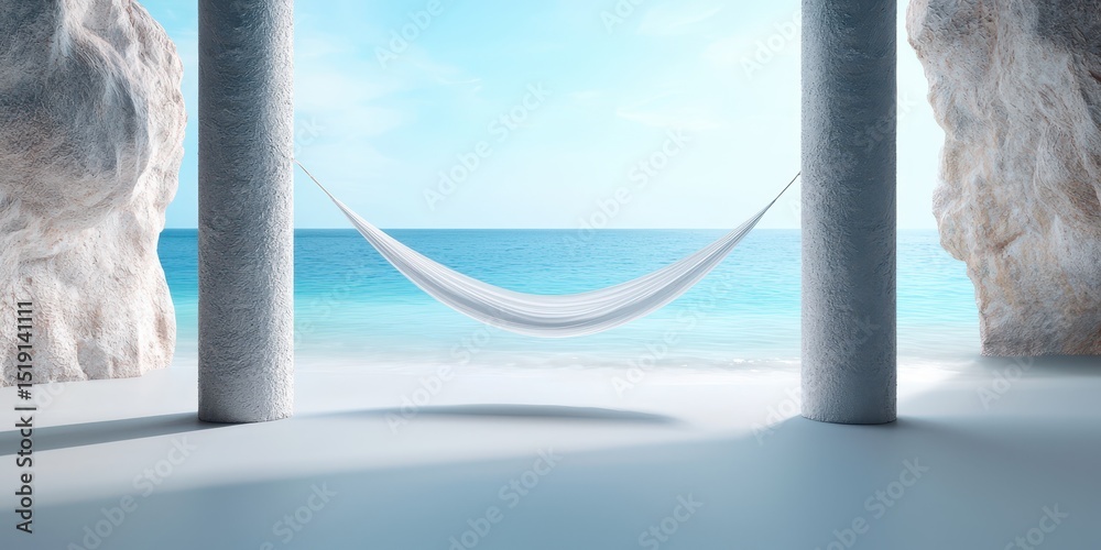 Poster relax hammock beach concept. tranquil hammock between pillars by the beach with a serene ocean view.