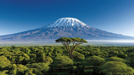 Aerial view of Mount Kilimanjaro's snow-capped peak, towering above the African plains
