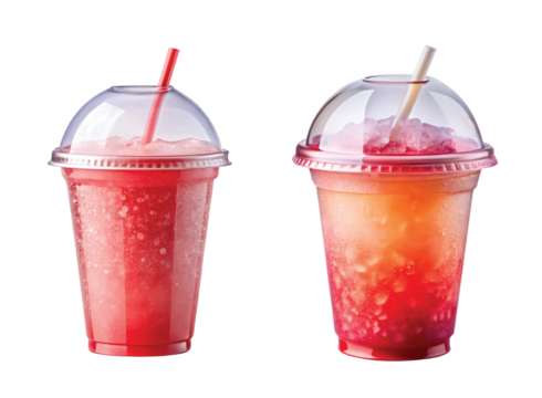 Slushie Cup: Icy slushie drink in a transparent plastic cup with dome lid and straw, PNG file for mock-up