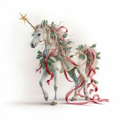 Fototapeta premium Magical unicorn adorned with festive decorations in a whimsical winter setting