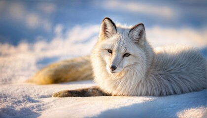 Tranquil Solitude A Stunning White Fox Resting Amongst the Pristine Snowy Landscape, Capturing the Peaceful Serenity of a Winters Morn
