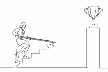 Single continuous line drawing businesswoman use huge pencil to draw rising up stairs, walk climbing up ladder, and try to reach trophy cup. Business development. One line draw graphic design vector