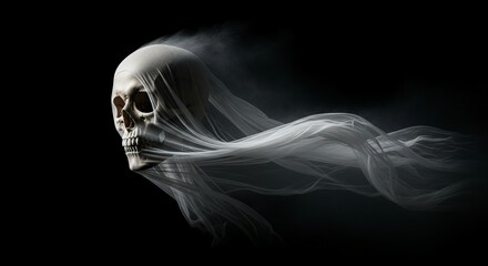Fototapeta premium A ghostly skull emerges from swirling mist, creating an eerie, dramatic atmosphere.