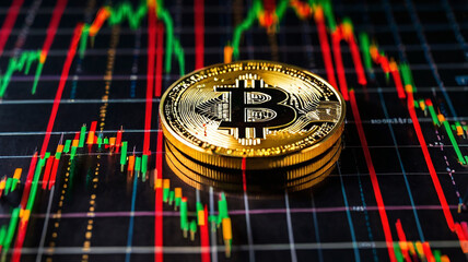 A glowing golden Bitcoin coin in the foreground with a market chart showing an upward trend