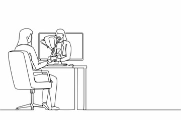 Continuous one line drawing beautiful businesswoman holds out a golden cup from a monitor to a happy office worker. Award in the online contest. Single line draw design vector graphic illustration