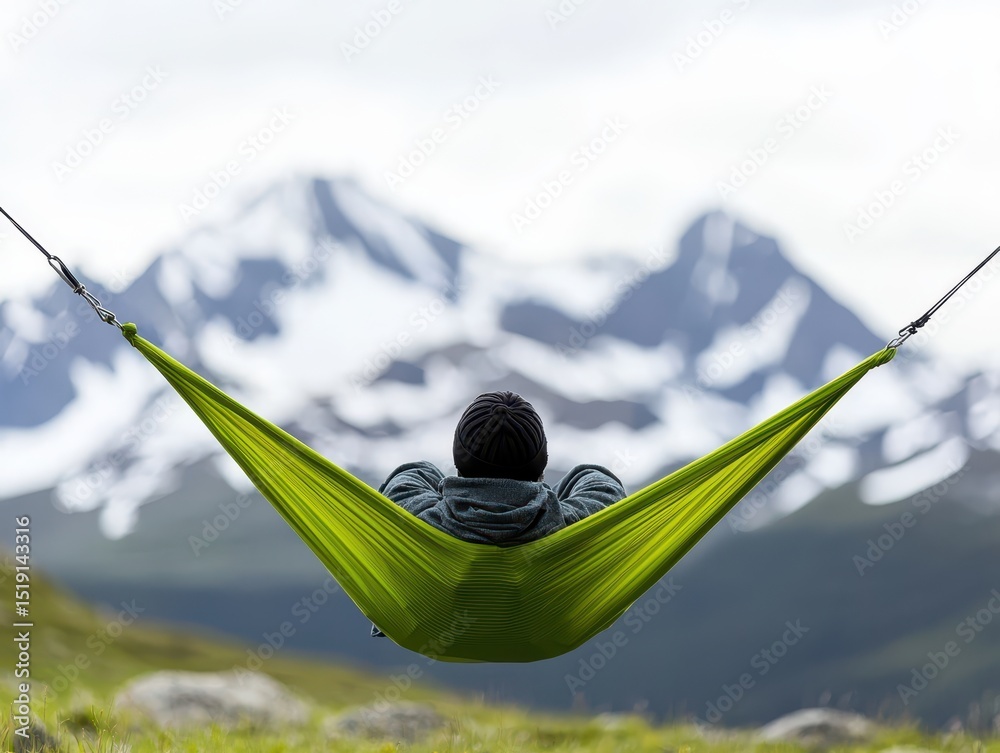 Aufkleber relaxing hammock mountain concept. Relaxing in a hammock with mountains and clouds in the background.