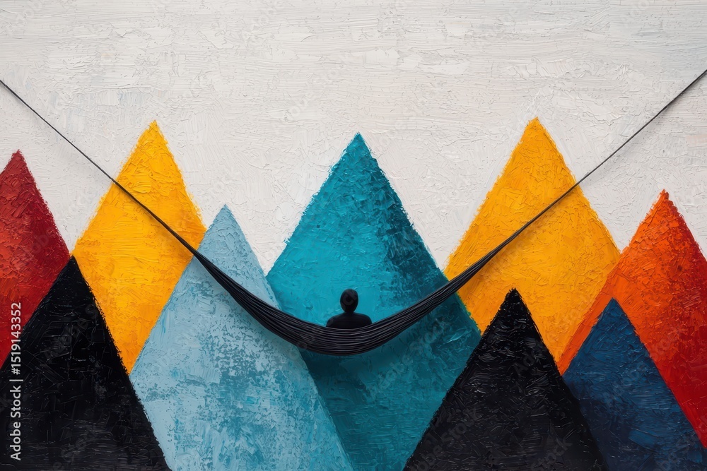Poster relaxing hammock mountain concept. a person relaxes in a hammock amidst colorful mountain peaks.