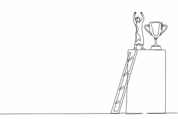 Single continuous line drawing Arabic businessman climb ladder to reach trophy and standing with arms lifted in the air. Man celebrating his business award. One line graphic design vector illustration