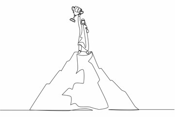 Continuous one line drawing success on top. Arabian businessman on top of mountain holding trophy in raised hands. Winner, happiness, reaching goal. Single line draw design vector graphic illustration
