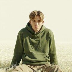 Young man sitting in green hoodie on grass field with neutral background concept of eco-fashion  