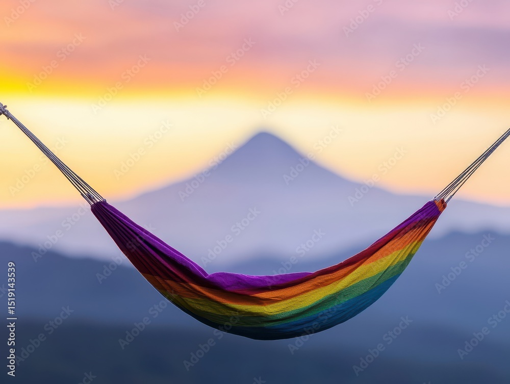 Aufkleber relaxing hammock mountain concept. hammock suspended against a colorful sunset backdrop with a mount