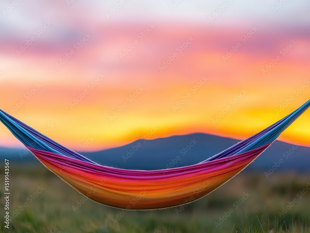 Poster relaxing hammock mountain concept. a colorful hammock sways against a vibrant sunset backdrop in a s