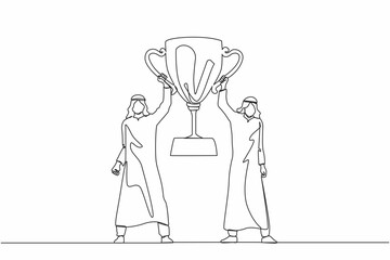 Single one line drawing two men holding golden goblet. Winners celebrating victory. Arabian businessman with prize, trophy cup. Celebration business team success. Continuous line design graphic vector