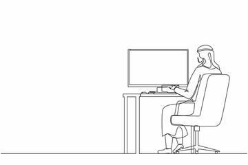 Single continuous line drawing back view Arabian businessman works on computer. Man sitting on chair behind office desk. Business person working on monitor screen. One line design vector illustration