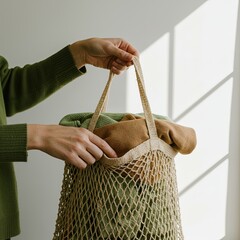 Woman holding eco-friendly bag filled with green items in sunlight  