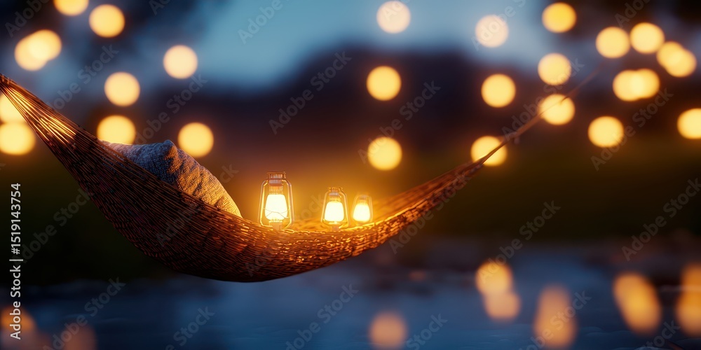 Poster relaxing hammock mountain concept. Cozy hammock with lanterns illuminated by soft bokeh lights in a serene outdoor setting.