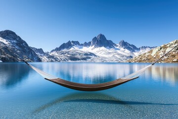 relaxing hammock mountain concept. A tranquil hammock suspended over a serene lake with snow-capped mountains in the background.