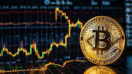 A glowing golden Bitcoin coin in the foreground with a market chart showing an upward trend