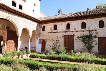 In the garden of the Generalife of the Alhambra, Granada, Andalusia, Spain