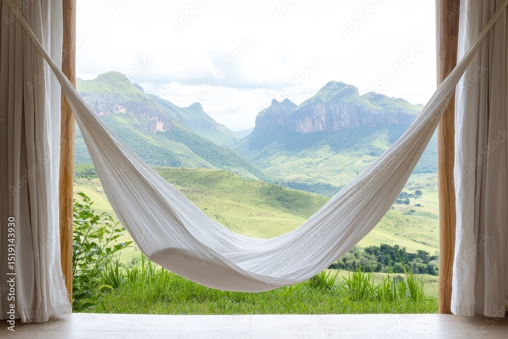 Poster relaxing hammock mountain concept. a hammock hangs in a window, offering a view of stunning mountain