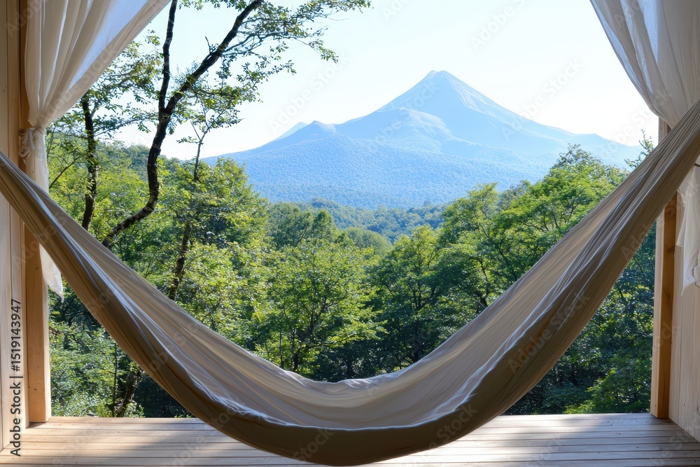 Poster relaxing hammock mountain concept. scenic mountain view framed by a hammock and trees, inviting rela