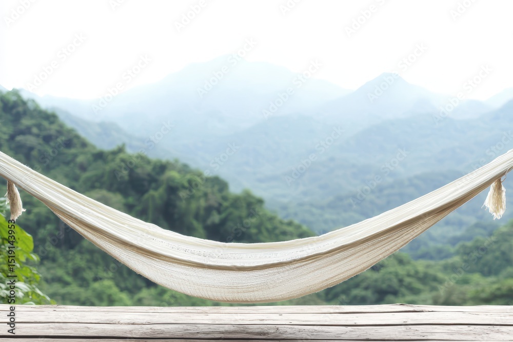 Poster relaxing hammock mountain concept. tranquil hammock overlooking serene mountains and lush greenery.