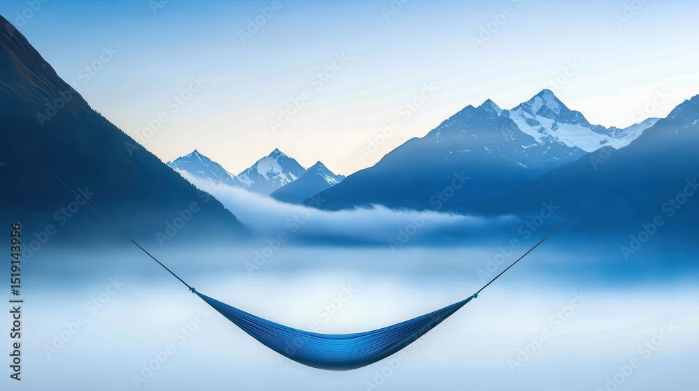 Poster relaxing hammock mountain concept. a serene hammock suspended in a tranquil mountain landscape, enve