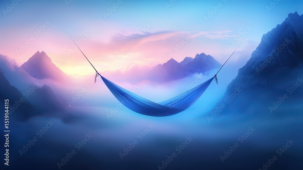 Poster relaxing hammock mountain concept. a serene hammock suspended in colorful clouds above majestic moun