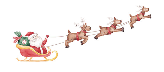 Santa Claus riding a sleigh with raindeers illustration. Hand drawn with watercolor. Cute Christmas clip art. Design elements for creating greeting cards, posters, invitations