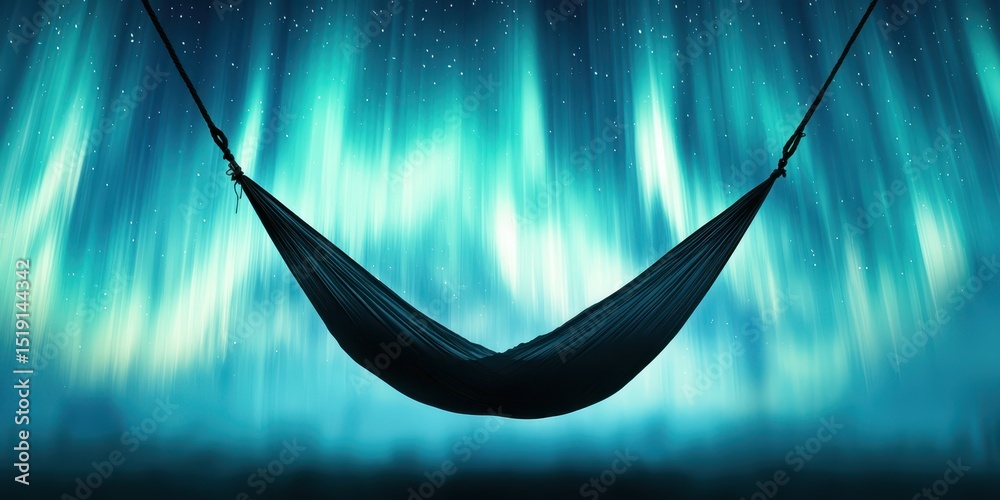 Poster relaxing hammock mountain concept. a serene hammock under an aurora-filled sky, evoking tranquility 